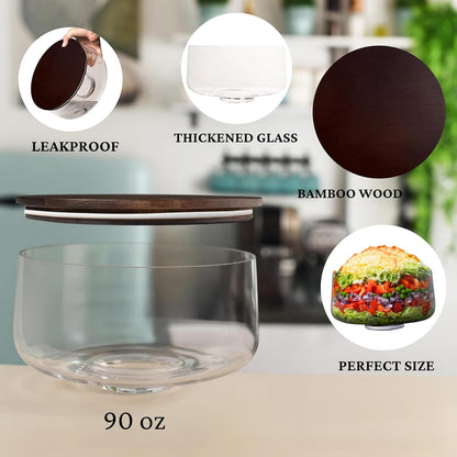 Trifle Bowl with Lid, 3Q (100oz) - Bamboo Wood Lid - Trifle Glass, Glass Salad Bowl, Trifle Bowl with Pedestal - Dish for Layered Desserts, Fruits, Salads