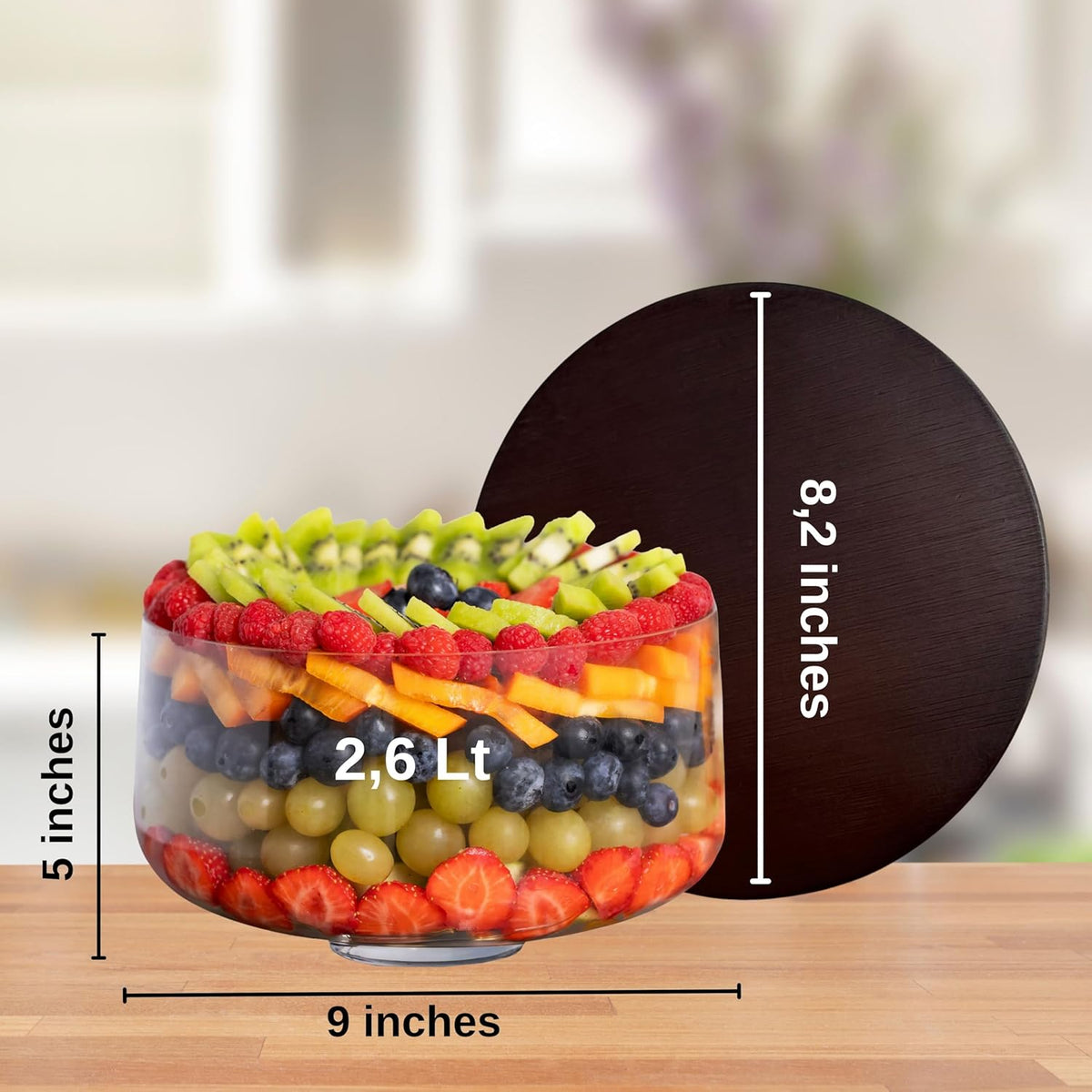 Trifle Bowl with Lid, 3Q (100oz) - Bamboo Wood Lid - Trifle Glass, Glass Salad Bowl, Trifle Bowl with Pedestal - Dish for Layered Desserts, Fruits, Salads