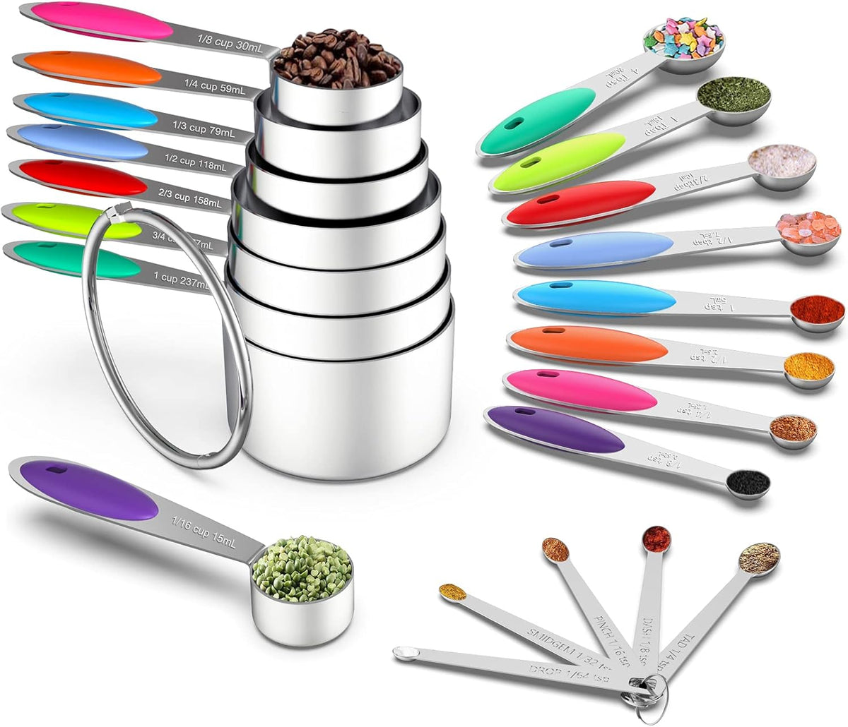 Stainless Measuring Cups and Spoons Set with Silicone Handle, 21pcs