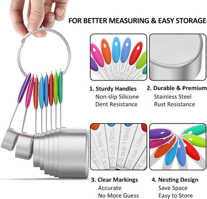 Stainless Measuring Cups and Spoons Set with Silicone Handle, 21pcs