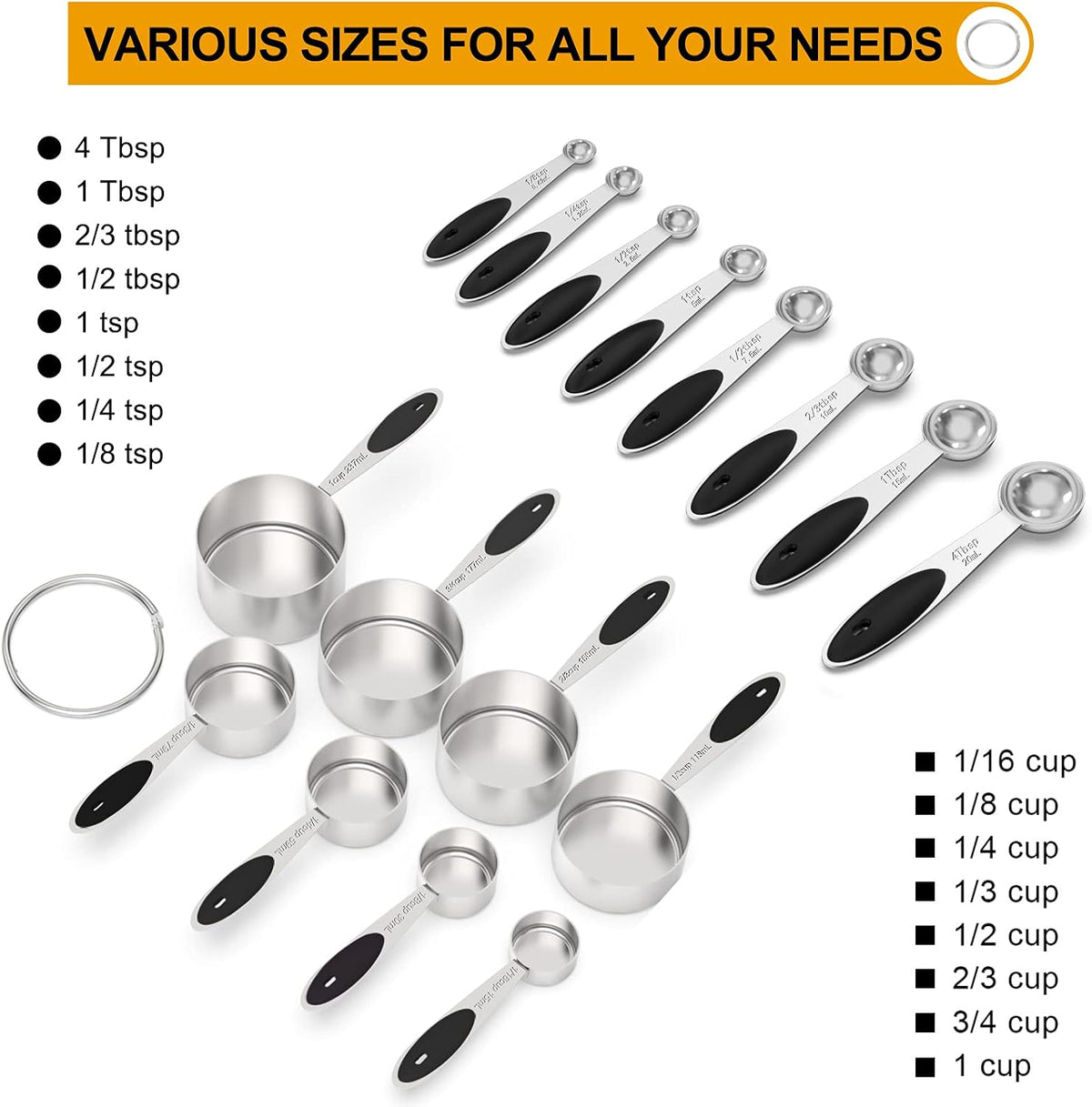Stainless Measuring Cups and Spoons Set with Silicone Handle, 21pcs