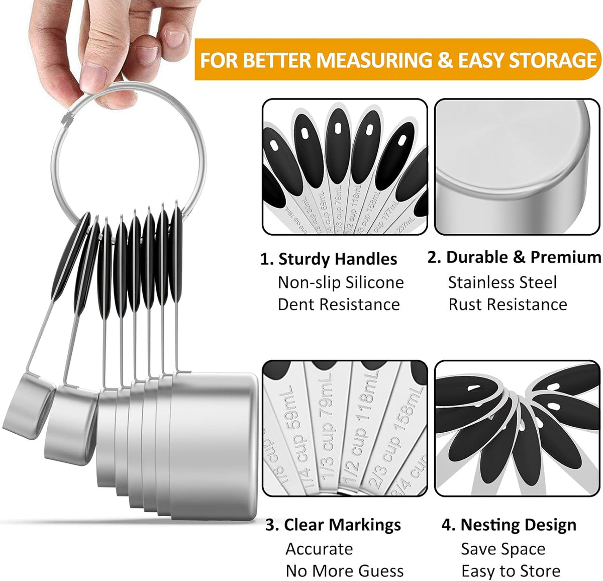 Stainless Measuring Cups and Spoons Set with Silicone Handle, 21pcs