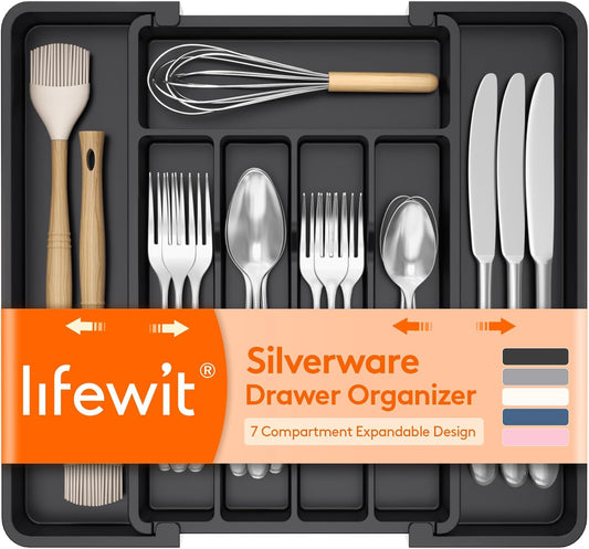 Expandable Silverware Organizer, Plastic Utensil Tray for Kitchen Drawer, BPA Free Flatware Cutlery Holder, Space-Saving Storage for Spoons Forks Knives, 8-13.8 x 11.2 x 1.4 inch, Black
