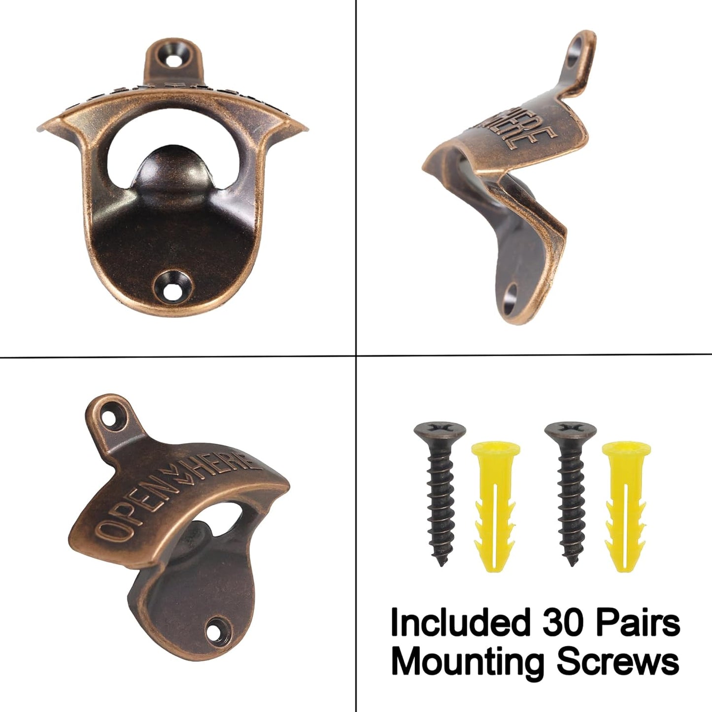 Vintage Copper Bottle Cap Opener Wall Mount, Retro Beer Bottle Opener with Screws for Homes Kitchen (Pack of 2)