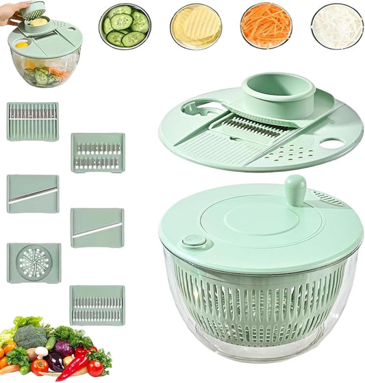 Large Capacity Multi-Function Salad Spinner with Quick Stop Button, Salad Spinner Stainless Steel, Salad Spinner Large, with 5 Blade Slicer Egg Yolk Strainer Shredder (Green)