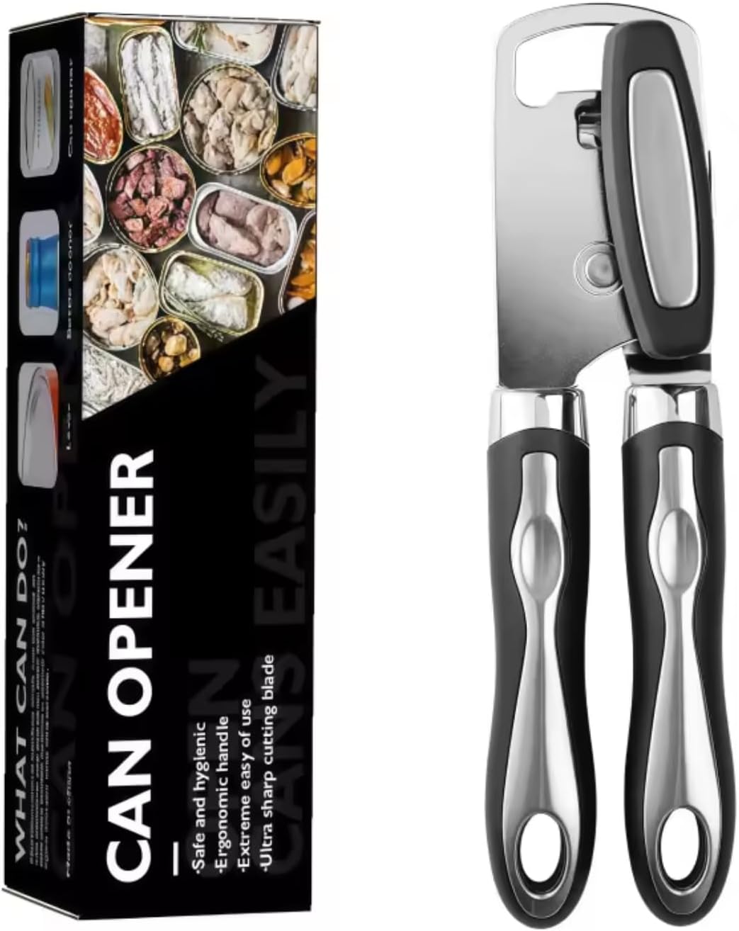 Multifunctional Stainless Steel Manual Can Opener and Bottle Opener, Heavy Duty Hand Held Can Opener with Easy Turn Knob, Sharp Blade Smooth Edge, Good Grips Kitchen Tool for Seniors (Black)