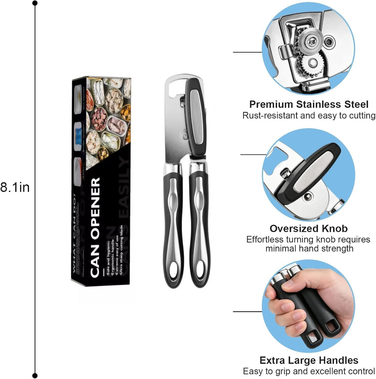 Multifunctional Stainless Steel Manual Can Opener and Bottle Opener, Heavy Duty Hand Held Can Opener with Easy Turn Knob, Sharp Blade Smooth Edge, Good Grips Kitchen Tool for Seniors (Black)