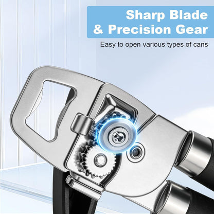 Multifunctional Stainless Steel Manual Can Opener and Bottle Opener, Heavy Duty Hand Held Can Opener with Easy Turn Knob, Sharp Blade Smooth Edge, Good Grips Kitchen Tool for Seniors (Black)