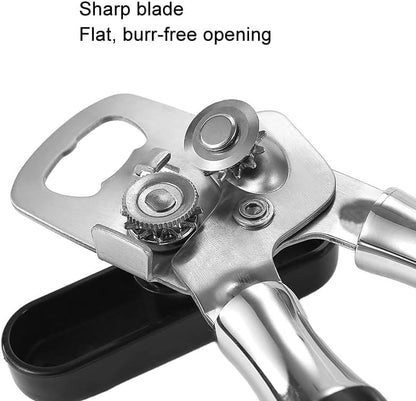 Multifunctional Stainless Steel Manual Can Opener and Bottle Opener, Heavy Duty Hand Held Can Opener with Easy Turn Knob, Sharp Blade Smooth Edge, Good Grips Kitchen Tool for Seniors (Black)