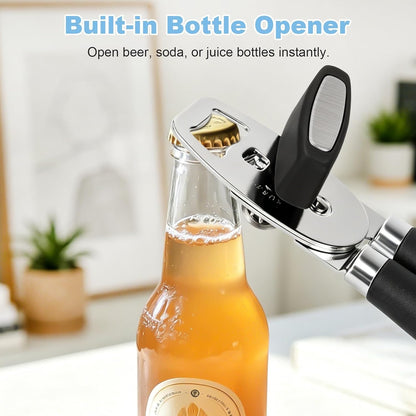 Multifunctional Stainless Steel Manual Can Opener and Bottle Opener, Heavy Duty Hand Held Can Opener with Easy Turn Knob, Sharp Blade Smooth Edge, Good Grips Kitchen Tool for Seniors (Black)