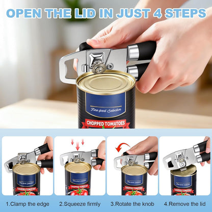 Multifunctional Stainless Steel Manual Can Opener and Bottle Opener, Heavy Duty Hand Held Can Opener with Easy Turn Knob, Sharp Blade Smooth Edge, Good Grips Kitchen Tool for Seniors (Black)