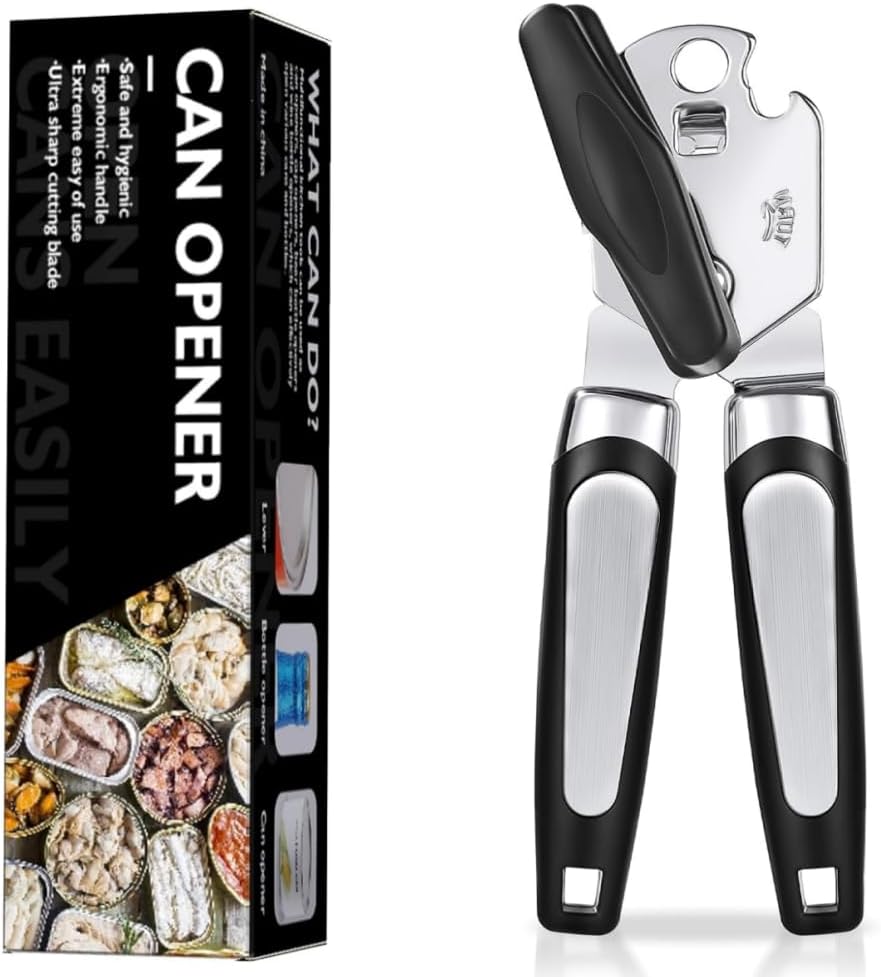 Multifunctional Stainless Steel Manual Can Opener and Bottle Opener, Heavy Duty Hand Held Can Opener with Easy Turn Knob, Sharp Blade Smooth Edge, Good Grips Kitchen Tool for Seniors (Black)