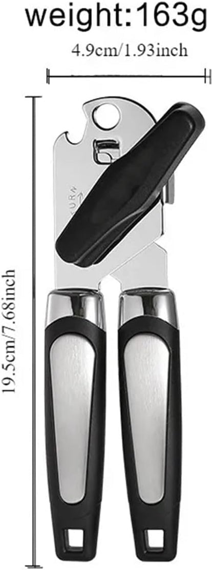 Multifunctional Stainless Steel Manual Can Opener and Bottle Opener, Heavy Duty Hand Held Can Opener with Easy Turn Knob, Sharp Blade Smooth Edge, Good Grips Kitchen Tool for Seniors (Black)