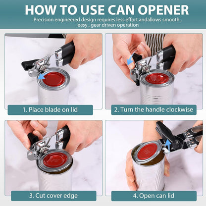 Multifunctional Stainless Steel Manual Can Opener and Bottle Opener, Heavy Duty Hand Held Can Opener with Easy Turn Knob, Sharp Blade Smooth Edge, Good Grips Kitchen Tool for Seniors (Black)