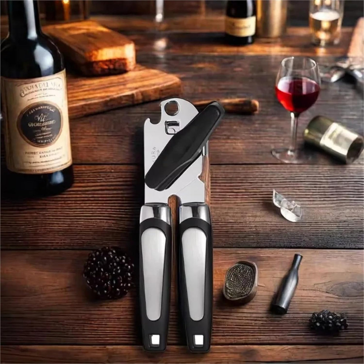 Multifunctional Stainless Steel Manual Can Opener and Bottle Opener, Heavy Duty Hand Held Can Opener with Easy Turn Knob, Sharp Blade Smooth Edge, Good Grips Kitchen Tool for Seniors (Black)