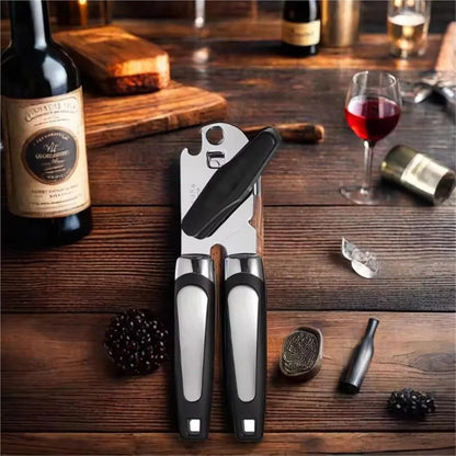 Multifunctional Stainless Steel Manual Can Opener and Bottle Opener, Heavy Duty Hand Held Can Opener with Easy Turn Knob, Sharp Blade Smooth Edge, Good Grips Kitchen Tool for Seniors (Black)