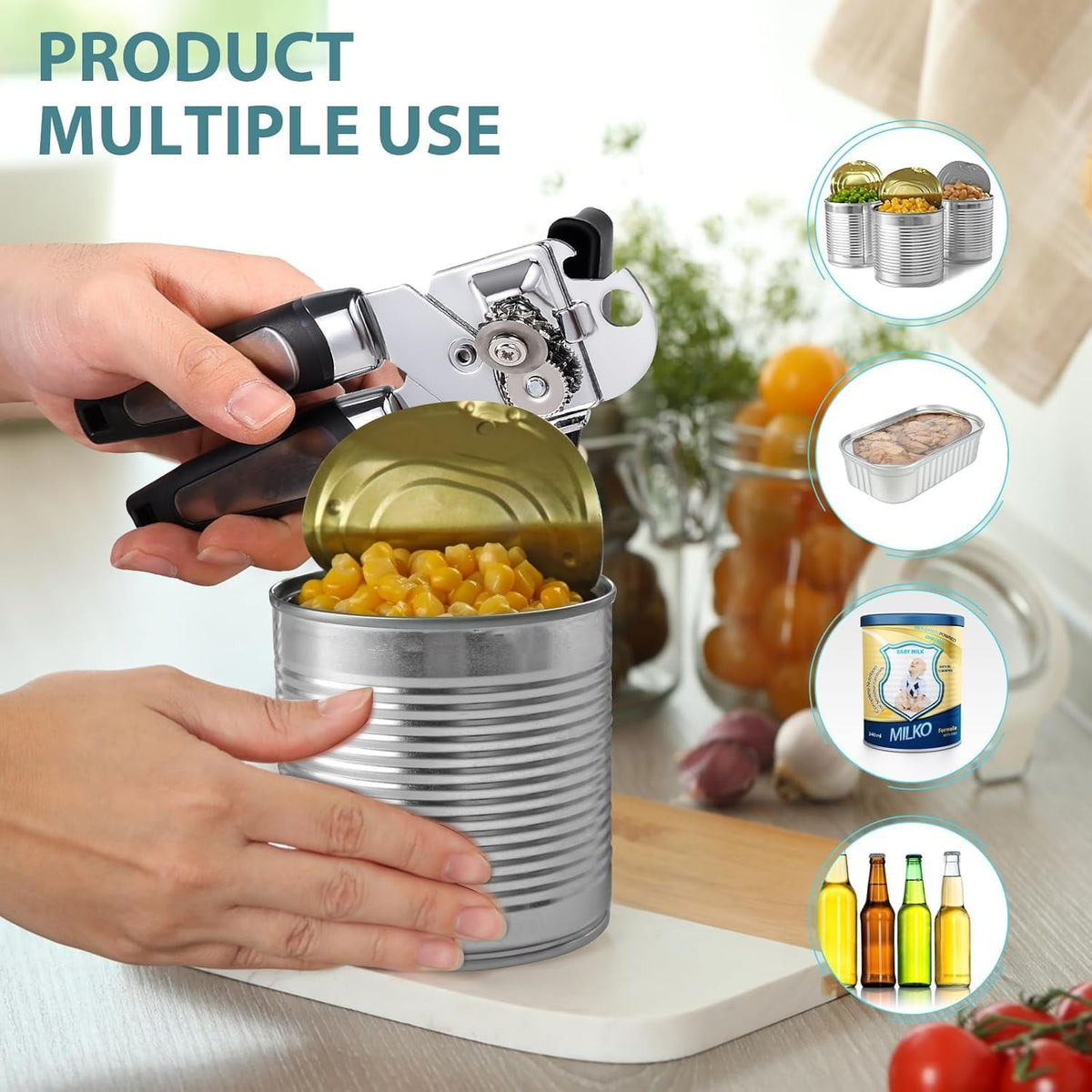 Multifunctional Stainless Steel Manual Can Opener and Bottle Opener, Heavy Duty Hand Held Can Opener with Easy Turn Knob, Sharp Blade Smooth Edge, Good Grips Kitchen Tool for Seniors (Black)