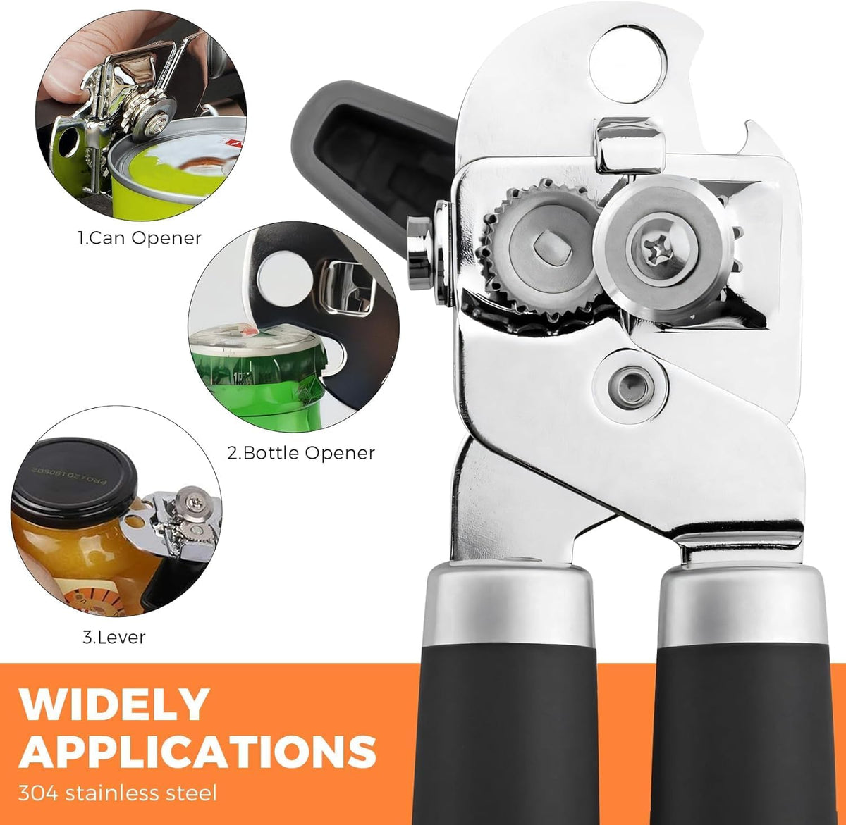 Multifunctional Stainless Steel Manual Can Opener and Bottle Opener, Heavy Duty Hand Held Can Opener with Easy Turn Knob, Sharp Blade Smooth Edge, Good Grips Kitchen Tool for Seniors (Black)