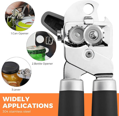 Multifunctional Stainless Steel Manual Can Opener and Bottle Opener, Heavy Duty Hand Held Can Opener with Easy Turn Knob, Sharp Blade Smooth Edge, Good Grips Kitchen Tool for Seniors (Black)