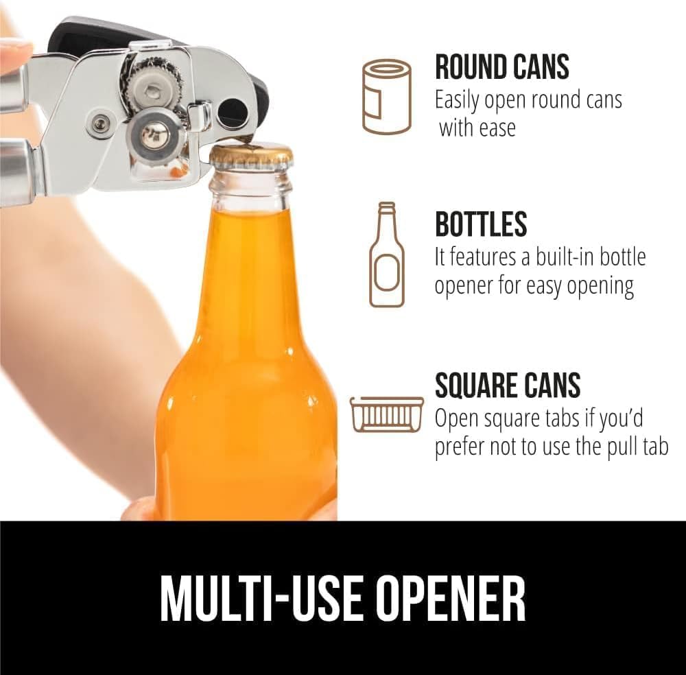 Multifunctional Stainless Steel Manual Can Opener and Bottle Opener, Heavy Duty Hand Held Can Opener with Easy Turn Knob, Sharp Blade Smooth Edge, Good Grips Kitchen Tool for Seniors (Black)