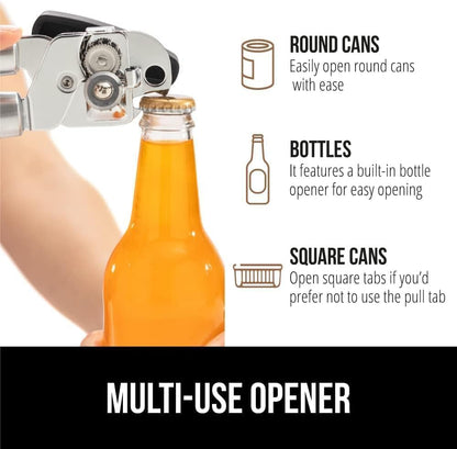 Multifunctional Stainless Steel Manual Can Opener and Bottle Opener, Heavy Duty Hand Held Can Opener with Easy Turn Knob, Sharp Blade Smooth Edge, Good Grips Kitchen Tool for Seniors (Black)