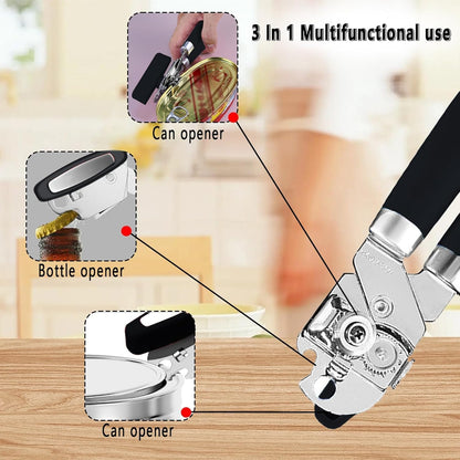 Multifunctional Stainless Steel Manual Can Opener and Bottle Opener, Heavy Duty Hand Held Can Opener with Easy Turn Knob, Sharp Blade Smooth Edge, Good Grips Kitchen Tool for Seniors (Black)