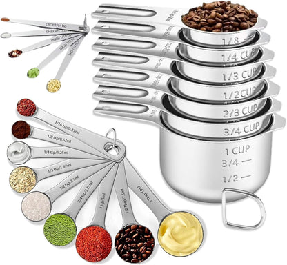 Measuring Cups and Spoons Set, Include 7 Nesting Measuring Cups, 9 Measuring Spoons and 5 Mini Spoons, Stainless Steel Metal Measuring Set, Kitchen Gadgets for Cooking & Baking