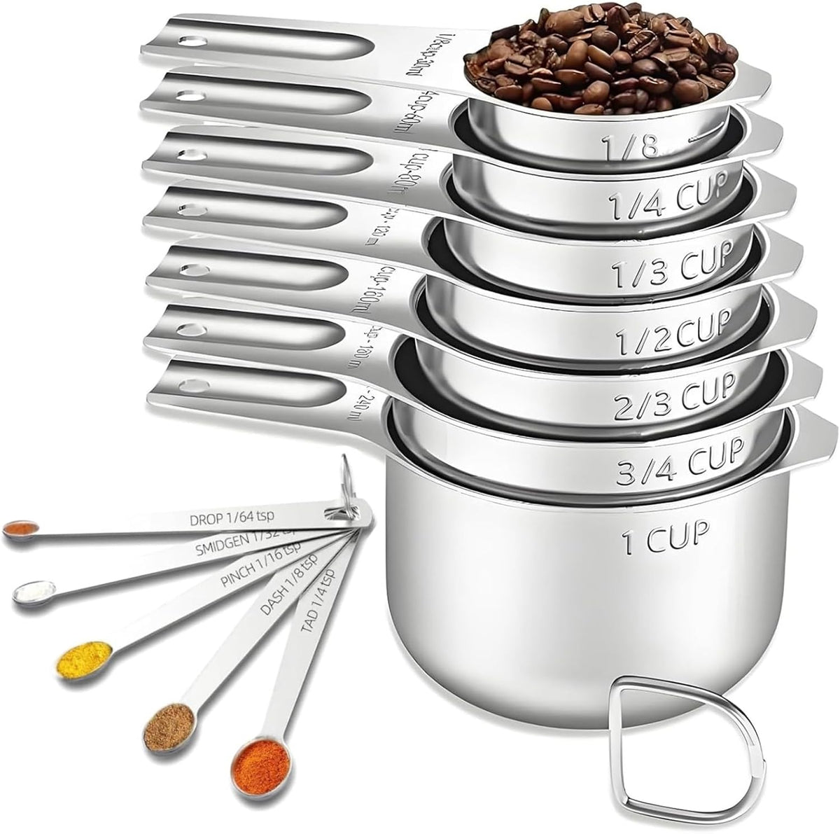 Measuring Cups and Spoons Set, Include 7 Nesting Measuring Cups, 9 Measuring Spoons and 5 Mini Spoons, Stainless Steel Metal Measuring Set, Kitchen Gadgets for Cooking & Baking