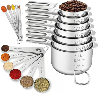 Measuring Cups and Spoons Set, Include 7 Nesting Measuring Cups, 9 Measuring Spoons and 5 Mini Spoons, Stainless Steel Metal Measuring Set, Kitchen Gadgets for Cooking & Baking
