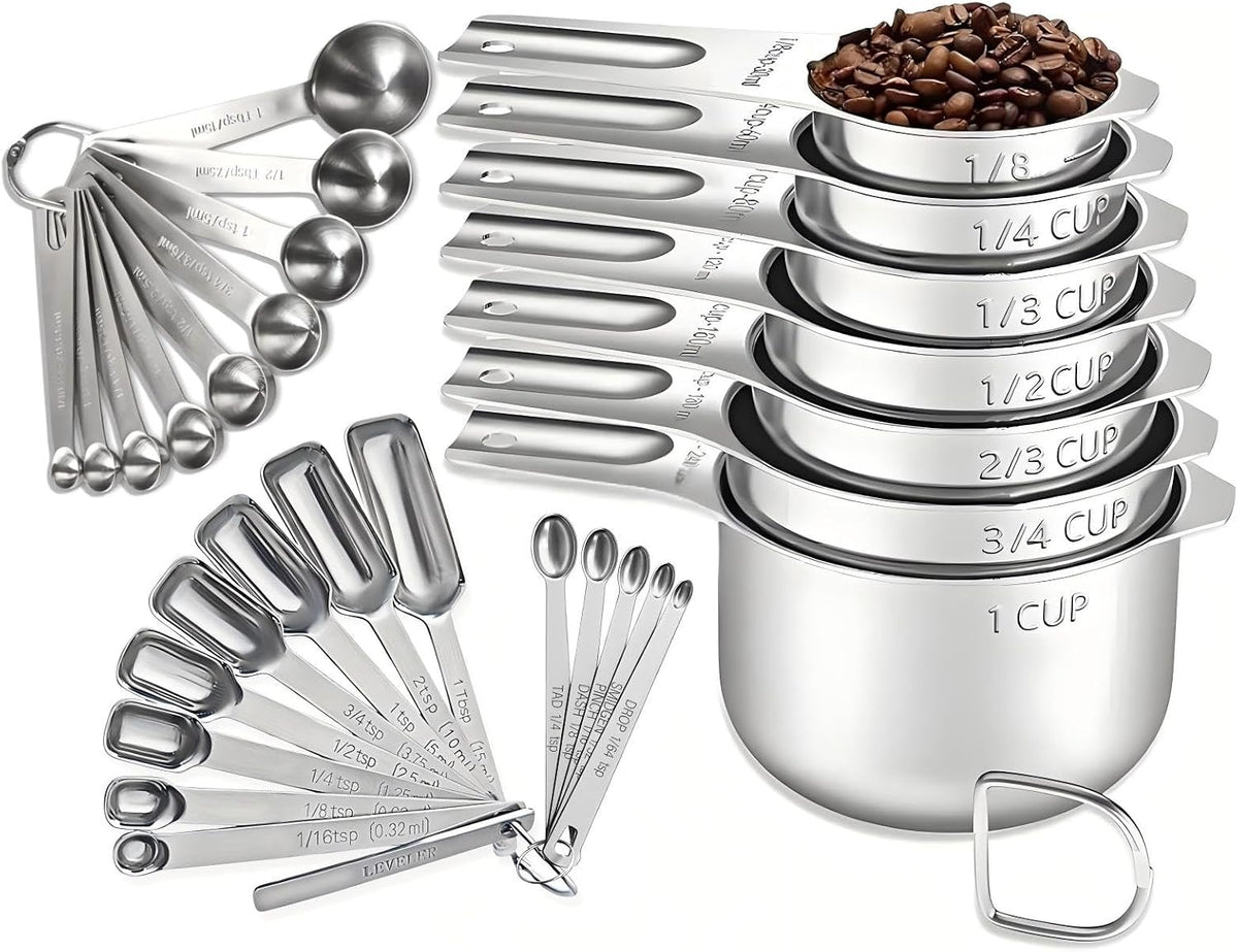 Measuring Cups and Spoons Set, Include 7 Nesting Measuring Cups, 9 Measuring Spoons and 5 Mini Spoons, Stainless Steel Metal Measuring Set, Kitchen Gadgets for Cooking & Baking