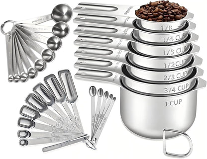 Measuring Cups and Spoons Set, Include 7 Nesting Measuring Cups, 9 Measuring Spoons and 5 Mini Spoons, Stainless Steel Metal Measuring Set, Kitchen Gadgets for Cooking & Baking