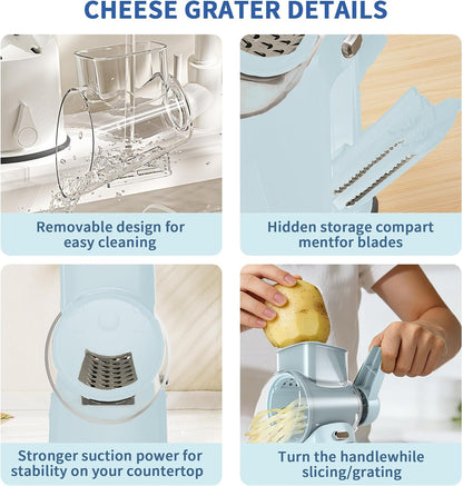 Rotary Cheese Grater with Handle - Compact Multi-Function Vegetable Shredder with 5 Sharp Blades & Strong Suction Base, Easy to Use Round Mandoline Slicer for Kitchen, Cooking, Camping & Travel