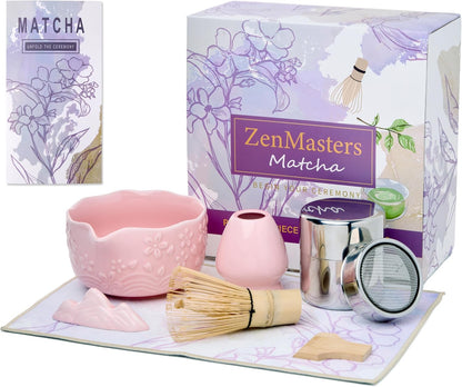 Pink Matcha Whisk Set, 7 Piece Matcha Set Includes Matcha Bowl, Matcha Whisk and Holder, Bamboo Scoop, Scoop Rest, Sifter and Storage Container, Cute Matcha Gift Set for Women & Matcha Lovers
