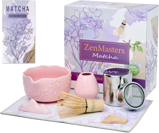 Pink Matcha Whisk Set, 7 Piece Matcha Set Includes Matcha Bowl, Matcha Whisk and Holder, Bamboo Scoop, Scoop Rest, Sifter and Storage Container, Cute Matcha Gift Set for Women & Matcha Lovers