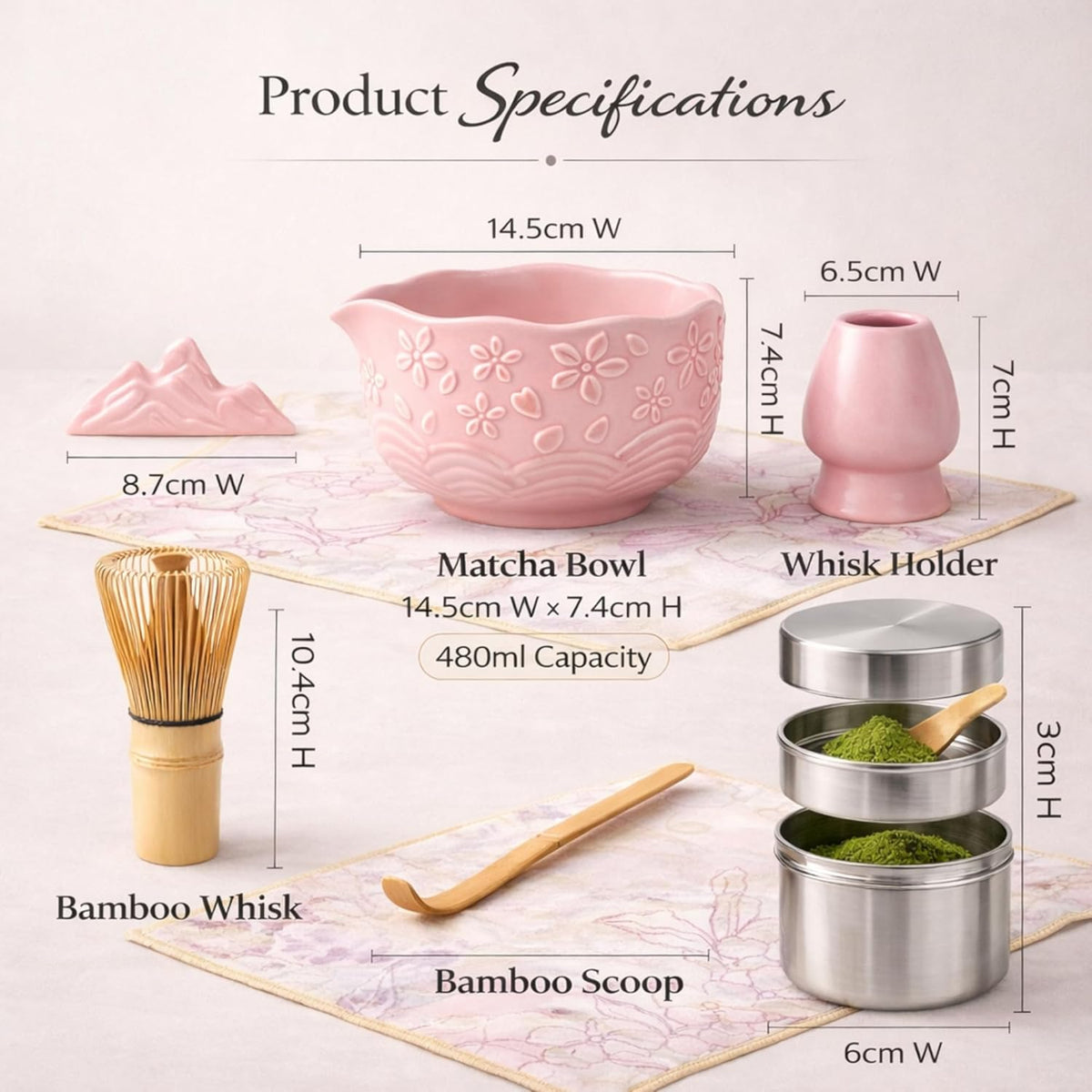 Pink Matcha Whisk Set, 7 Piece Matcha Set Includes Matcha Bowl, Matcha Whisk and Holder, Bamboo Scoop, Scoop Rest, Sifter and Storage Container, Cute Matcha Gift Set for Women & Matcha Lovers