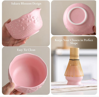 Pink Matcha Whisk Set, 7 Piece Matcha Set Includes Matcha Bowl, Matcha Whisk and Holder, Bamboo Scoop, Scoop Rest, Sifter and Storage Container, Cute Matcha Gift Set for Women & Matcha Lovers