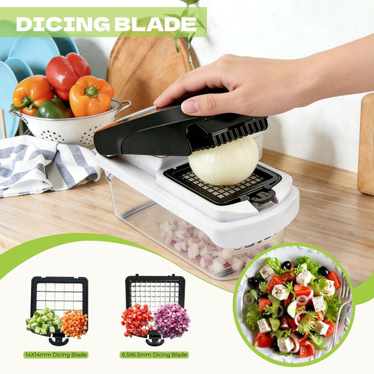 Veggie Chopper & Onion Dicer, Spiralizer, Container, Safety Glove | 17-in-1 veggie chopper with 2 dicer sizes, slicer, spiralizer & peeler. Includes cut-resistant glove & strainer container.