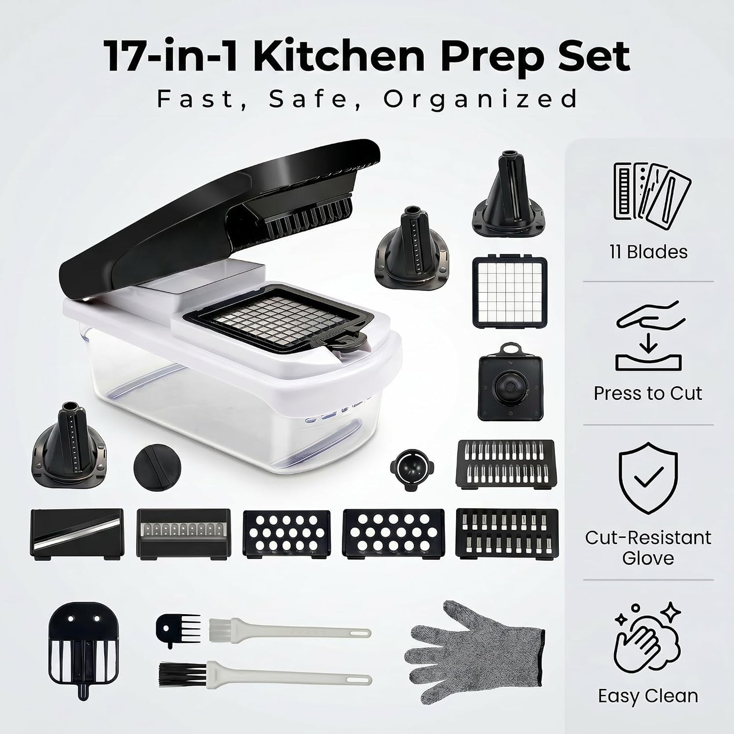 Veggie Chopper & Onion Dicer, Spiralizer, Container, Safety Glove | 17-in-1 veggie chopper with 2 dicer sizes, slicer, spiralizer & peeler. Includes cut-resistant glove & strainer container.