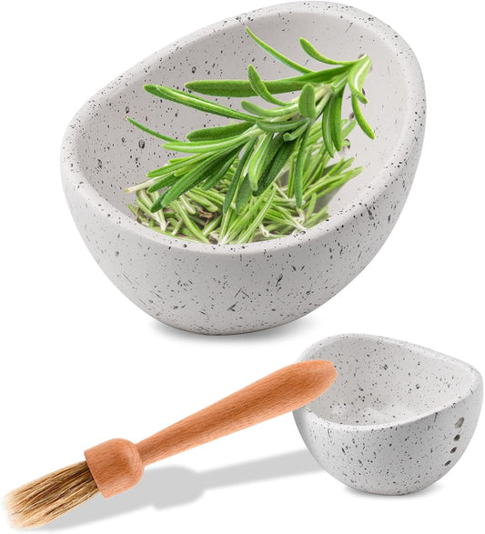 Pottery Herb Stripper Bowl, Small Handmade Resin Herb Stripper, Ceramic Herbs Grinder Pill Crusher Set Parsley Thyme Rosemary, for Pill Crusher, Spice, with Multi Size Holes(Color:White)
