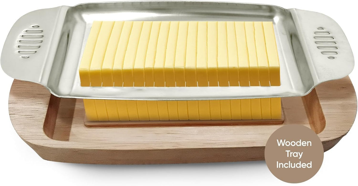 Wire Butter Slicer Cutter with Wooden Tray, Stainless Steel