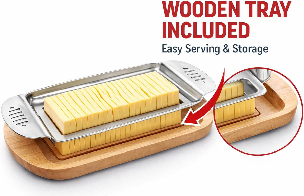Wire Butter Slicer Cutter with Wooden Tray, Stainless Steel