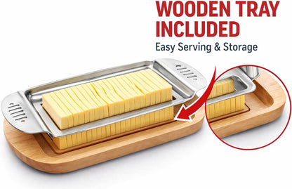 Wire Butter Slicer Cutter with Wooden Tray, Stainless Steel