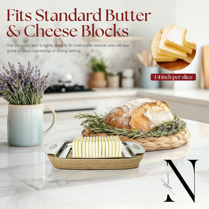 Wire Butter Slicer Cutter with Wooden Tray, Stainless Steel