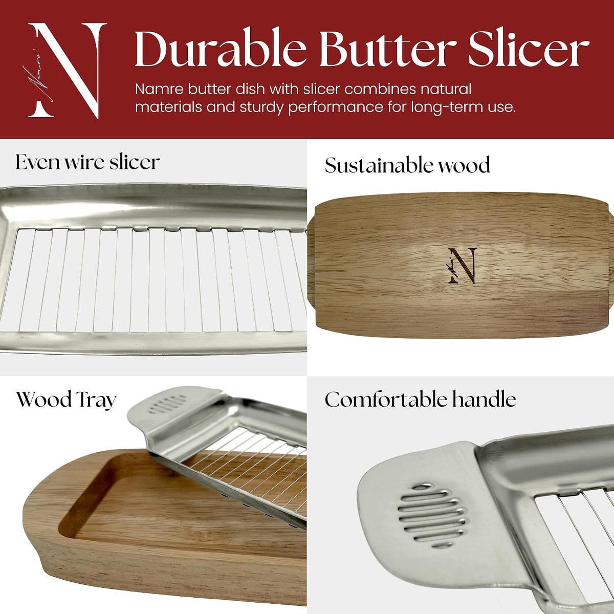 Wire Butter Slicer Cutter with Wooden Tray, Stainless Steel