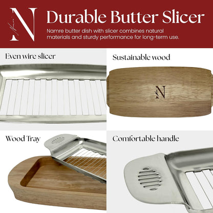Wire Butter Slicer Cutter with Wooden Tray, Stainless Steel
