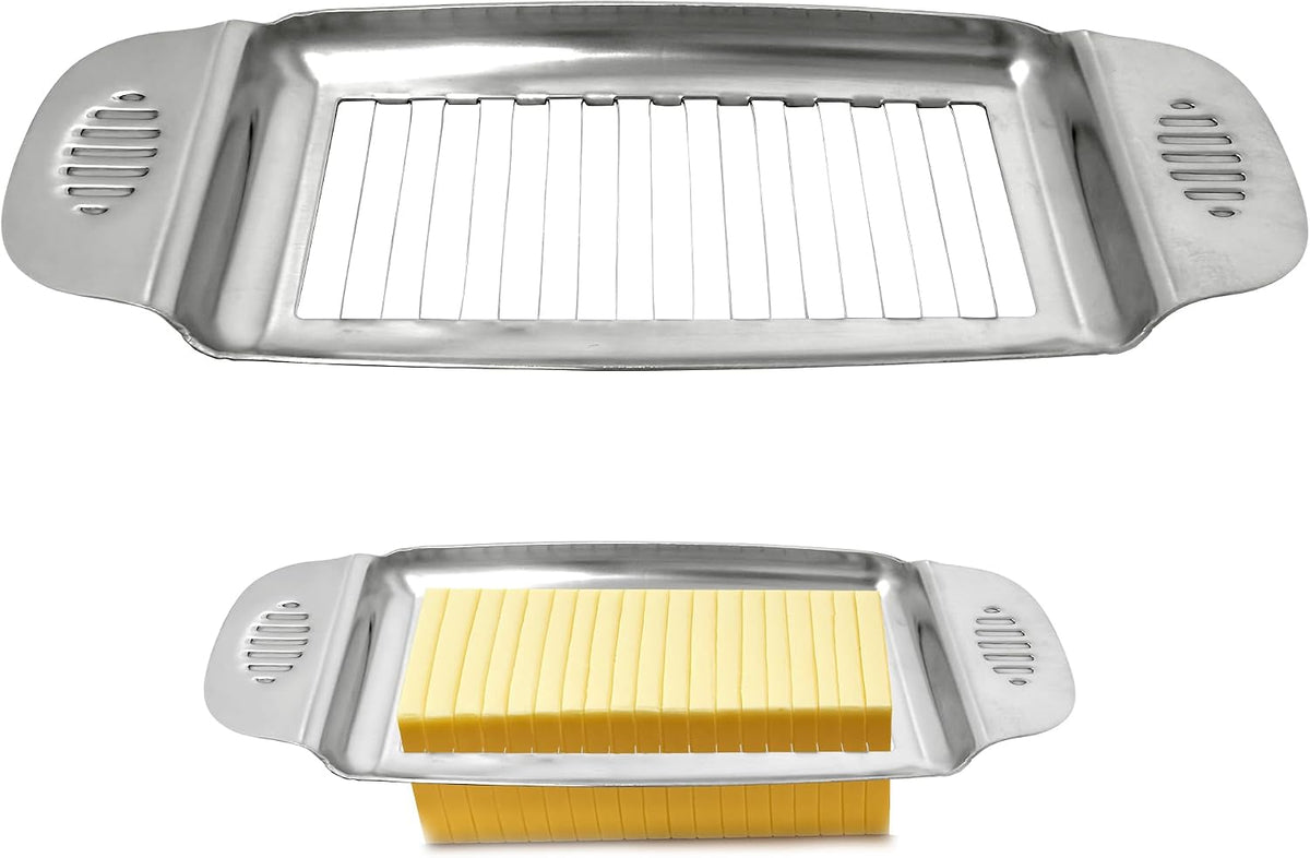 Wire Butter Slicer Cutter with Wooden Tray, Stainless Steel