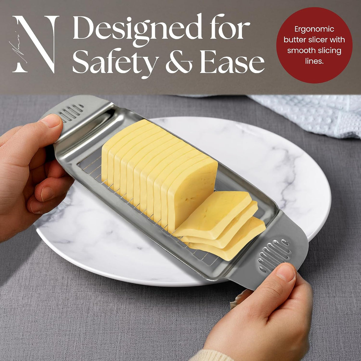 Wire Butter Slicer Cutter with Wooden Tray, Stainless Steel