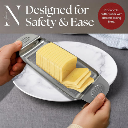 Wire Butter Slicer Cutter with Wooden Tray, Stainless Steel