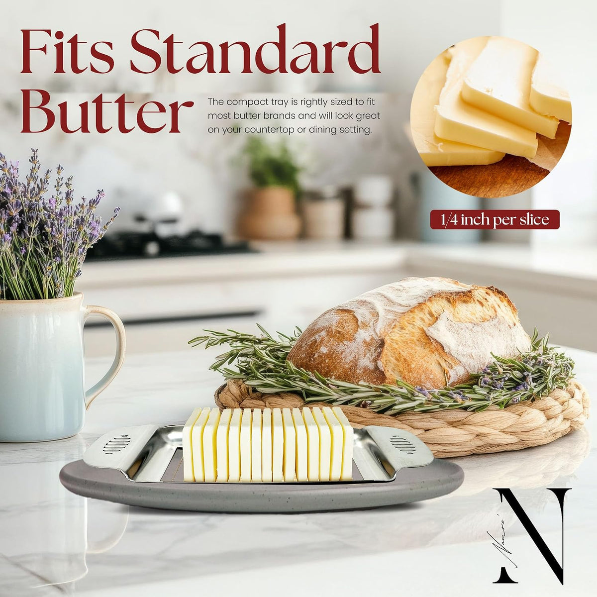 Wire Butter Slicer Cutter with Wooden Tray, Stainless Steel