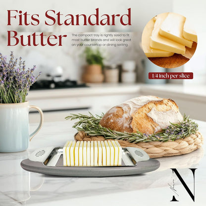 Wire Butter Slicer Cutter with Wooden Tray, Stainless Steel